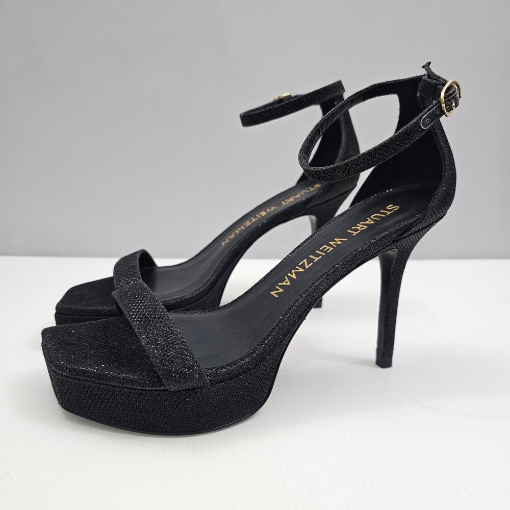 Stuart Weitzman Black Glitter Platform Ankle-Strap Heels